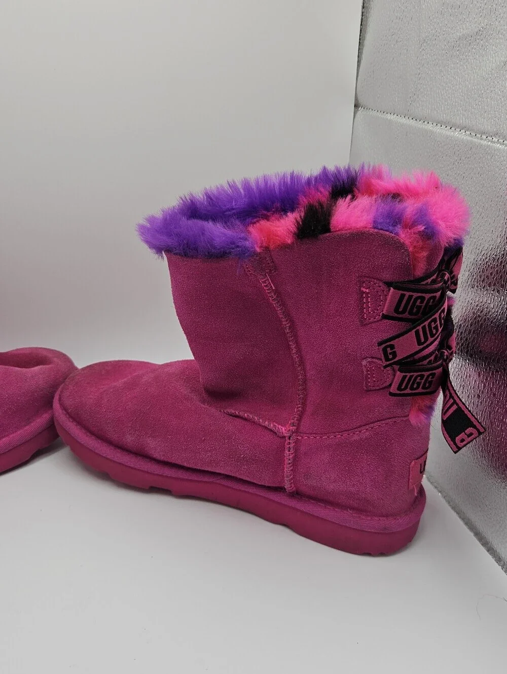 Ugg Kids' Bailey Bow Plaid Punk boots hot pink Rock Rose size 5